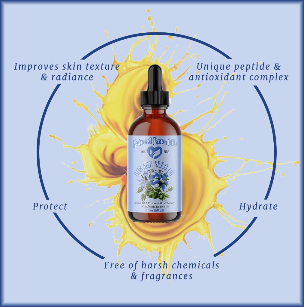 Natural Born Oils Borage Seed Oil, 8oz, Organic, Cold-Pressed, Carrier Oil, Omega-6 Rich, Skin Moisturizer, Hair Health Enhancer