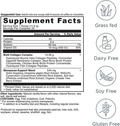 Ancient Nutrition Menopause Support Collagen Powder - Hydrolyzed Peptides for Hot Flashes & Sleep, Vanilla, 25 Servings