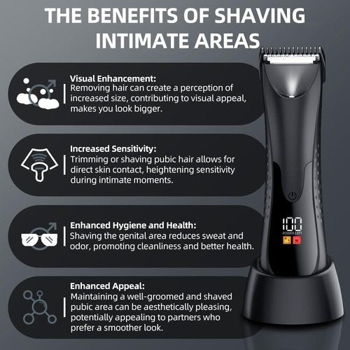 7d24hcare Groin Hair Trimmer - Electric Manscape Trimmer for Men, Waterproof Ball Trimmer for Pubic/Body/Groin Grooming with Ceramic Blade, LED Light, Charging Base