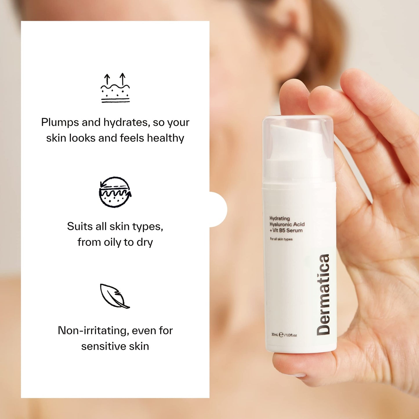 Dermatica Hyaluronic Acid Hydrating Face Serum with Vitamin B5 | Anti-Ageing and Anti-Wrinkle Skincare I Fast Absorbing Hydrating Serum for Dehydrated Skin | Fragrance Free Skin Care (30ml)