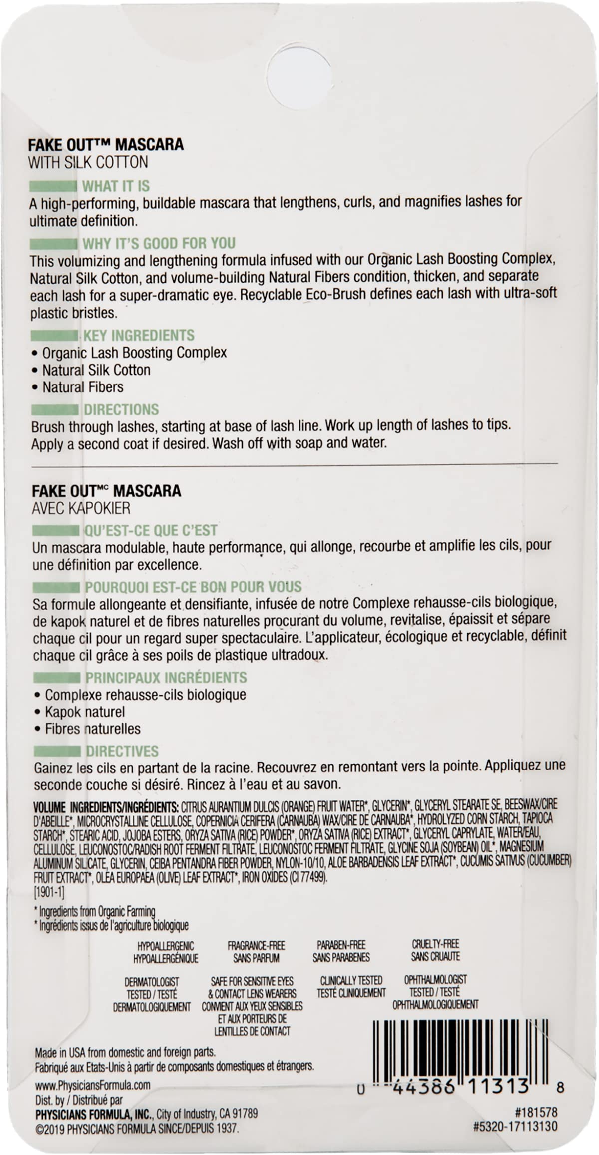 Physicians Formula Organic Wear All Natural Fake Out Mascara Black, Dermatologist Tested