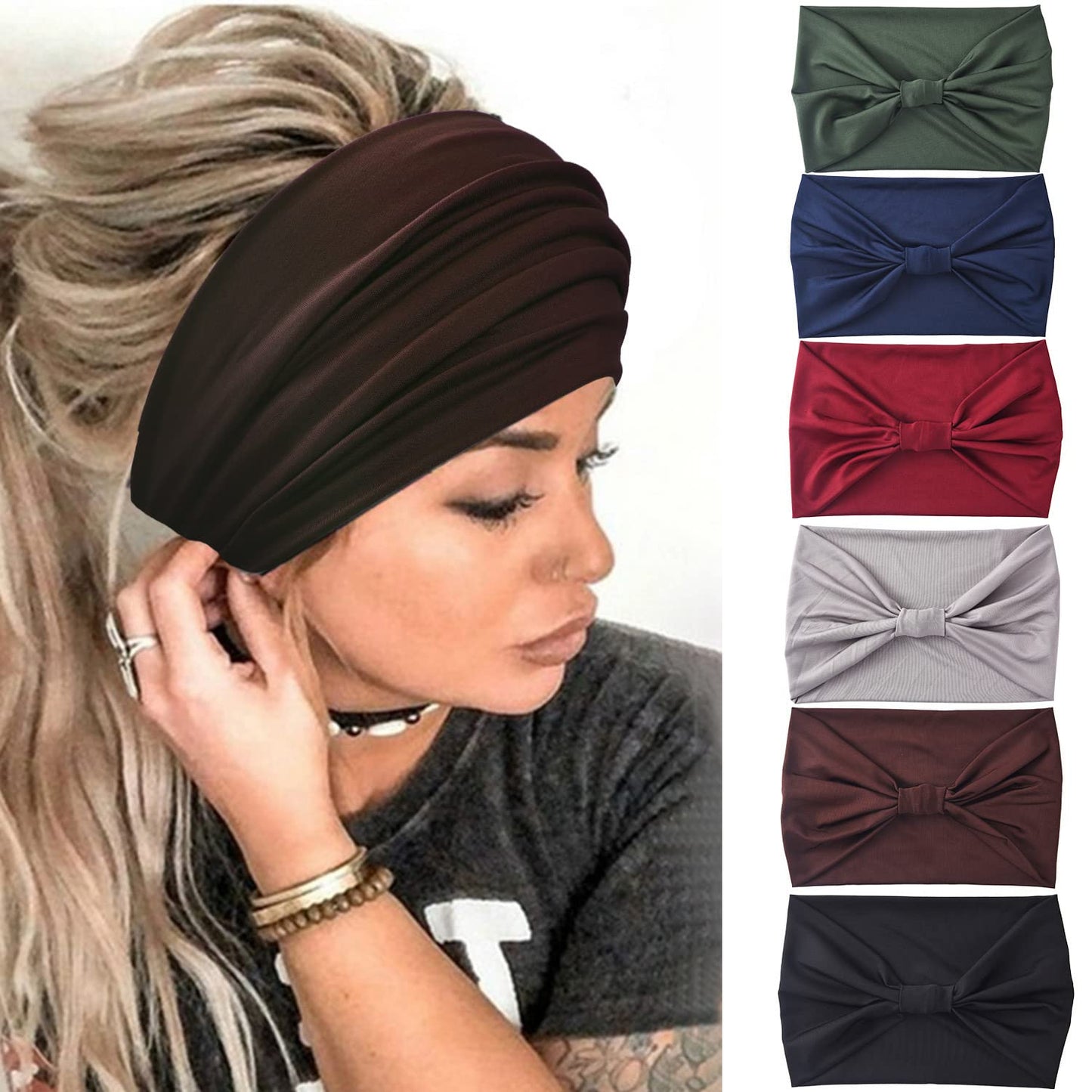 Yeshan Women's Wide Boho Knotted Non-Slip Turban Headwraps - Stretchy Bandeau Hair Bands for Sports, Yoga, Workouts, Pack of 8