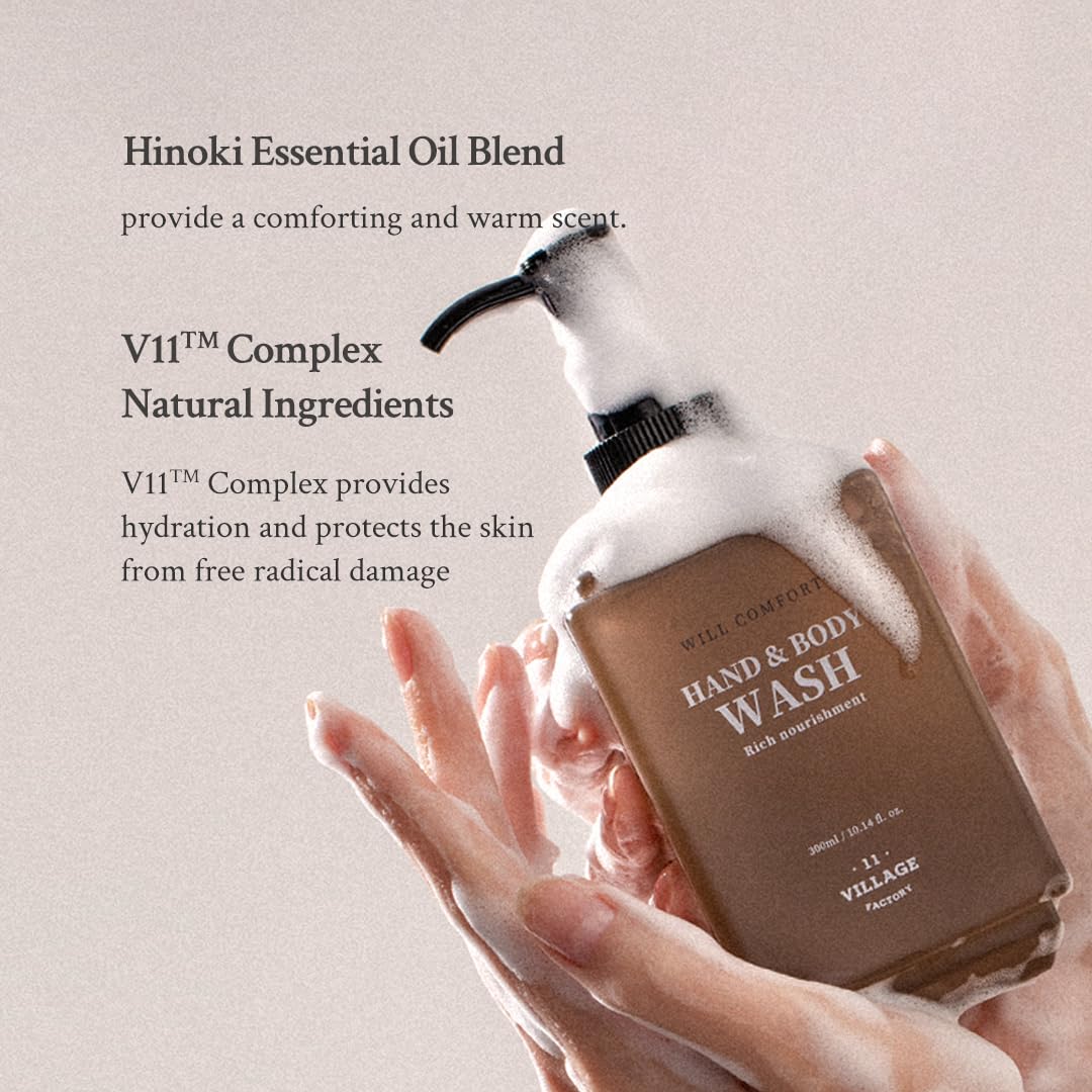 VILLAGE11FACTORY Will Comfort Hand and Body Wash (300ml/10.14 fl.oz.) Korean Body Cleanser Aromatherapy Hinoki Essential Oil Nourishing Shea Butter and Jojoba Oil