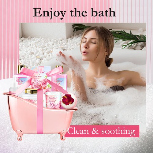 bath Gifts for Her Rose scents Mother Gift Bath Set for Women, Luxury Home Spa Kit Rose Bath Gift Basket, Includes Shower Gel, Body Lotion, Bath Bomb, Spa salts and More, Christmas Gift