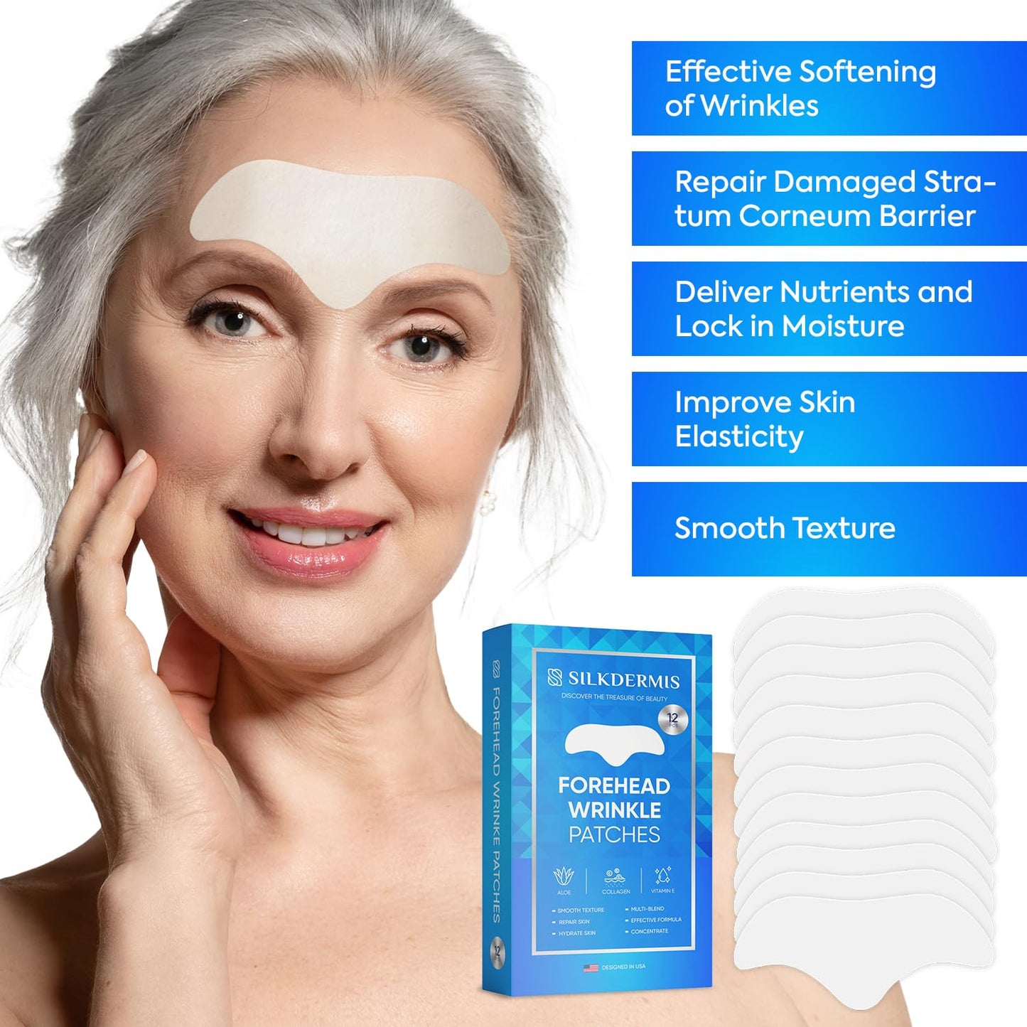 SILKDERMIS Forehead Wrinkle Patches with Aloe, Collagen, Vitamin E, Anti Wrinkle Patches, Forehead Wrinkles Treatment 12Pcs