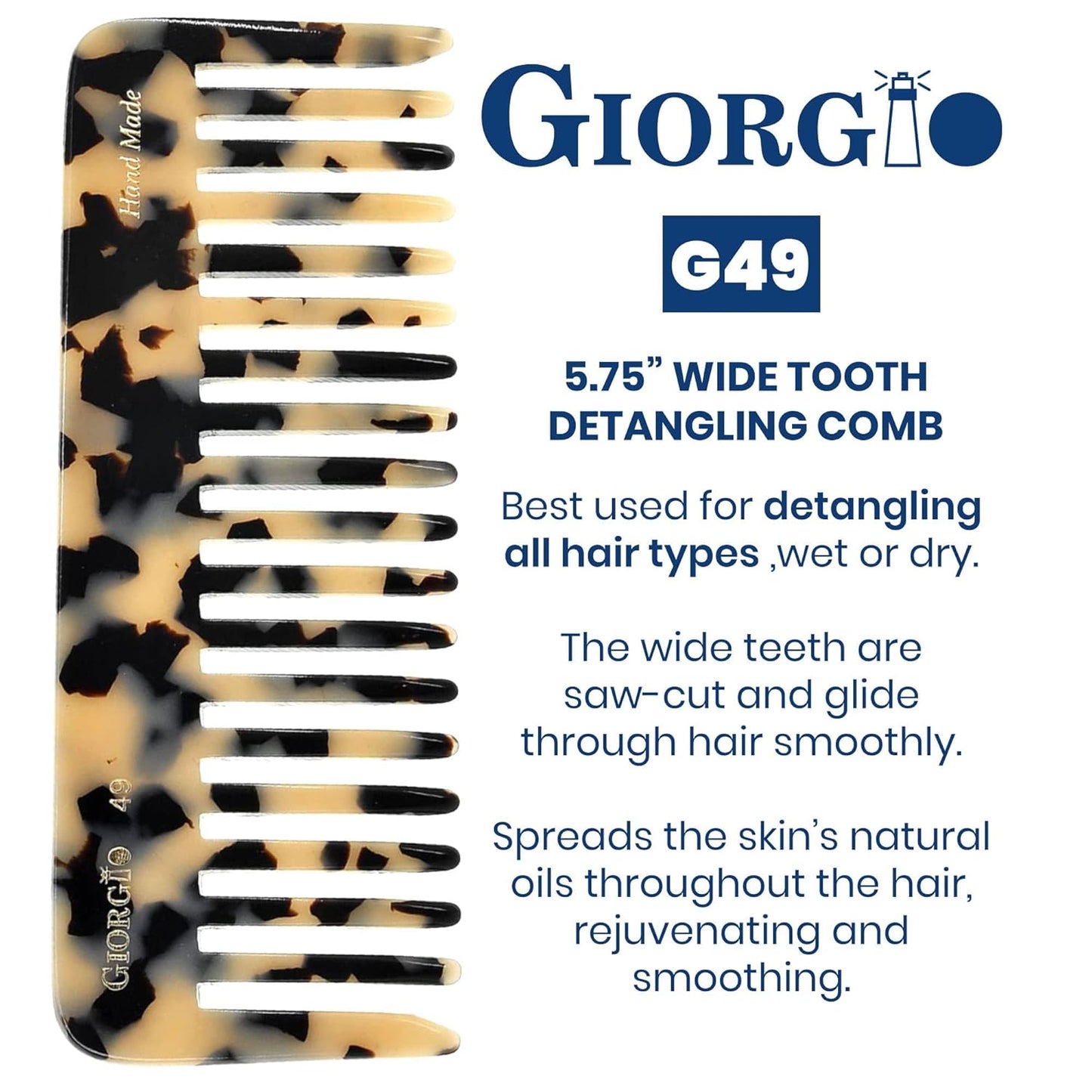 Giorgio G49 Yellow Tokio, Large Hair Detangling Comb, Wide Teeth for Thick Curly Wavy Hair, Detangler Comb For Wet and Dry, Handmade of Quality Cellulose, Saw-Cut, Hand Polished