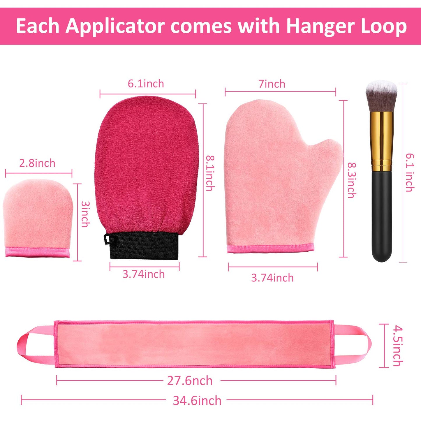 Boao 5 Pieces Self Tanning Mitt Applicator Kit, Includes Tanning Mitt, Exfoliating Glove, Mini Face Glove, Back Lotion Applicator, and Large Brush Makeup(Pink)