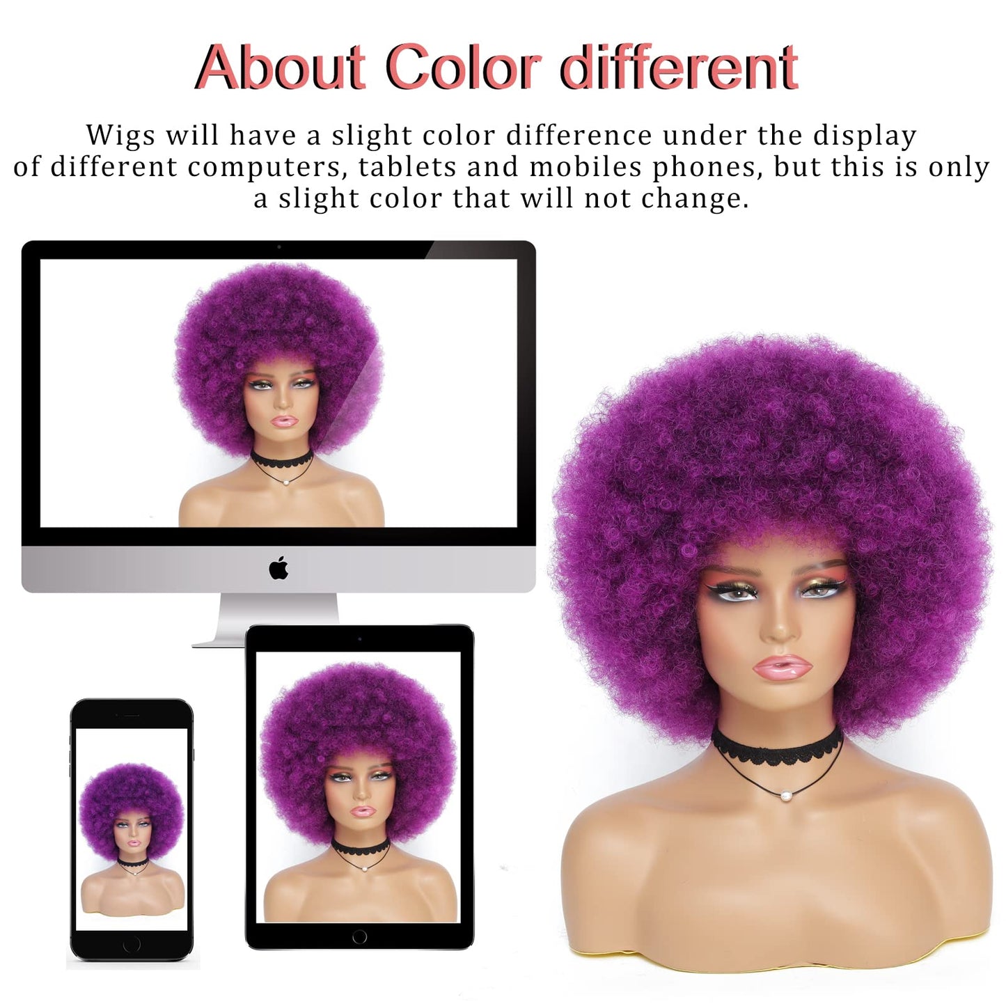 JSDshine 70s Afro Kinky Curly Wig For Women, Purple, Synthetic Fibers, Soft, Bouncy, Natural Looking, With Bangs