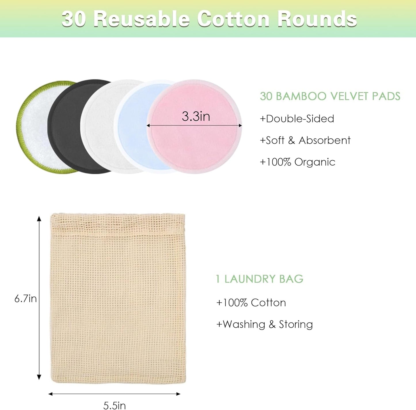 Chloven Reusable Cotton Rounds - 30 Pack Washable Bamboo Makeup Remover Pads with Storage Bag