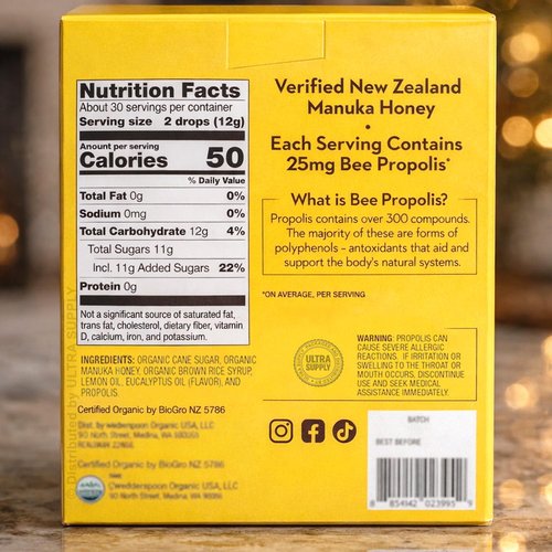 Organic Manuka Honey Lemon Drops - Soothing Lemon Flavor with 25mg Bee Propolis | 60 Count Value Pack - USDA Organic, Non-GMO