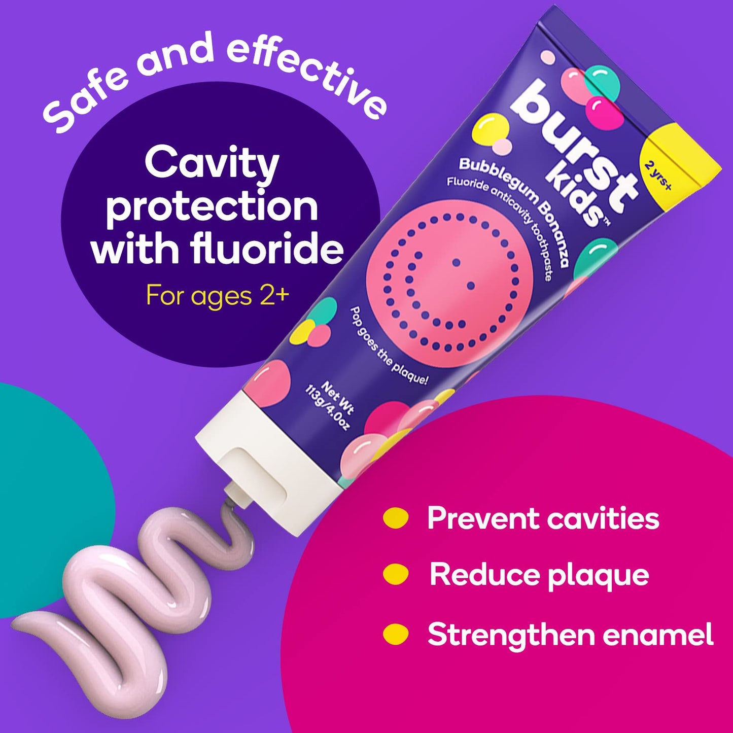 BURSTkids Bubblegum Bonanza Kids Toothpaste with Fluoride - Great Tasting Flavored Childrens & Toddler Toothpaste - Anticavity, Dye Free, Vegan, Safe Toothpaste for Kids Ages 2+ - 4oz