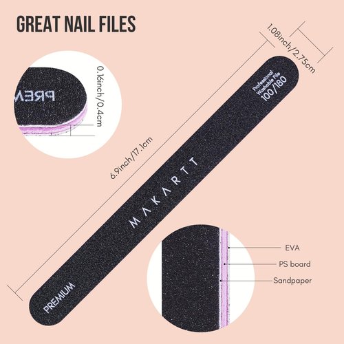 Makartt Nail File - Professional 100/180 Grit Emery Boards for Gentle Filing | Black 2-Piece Set