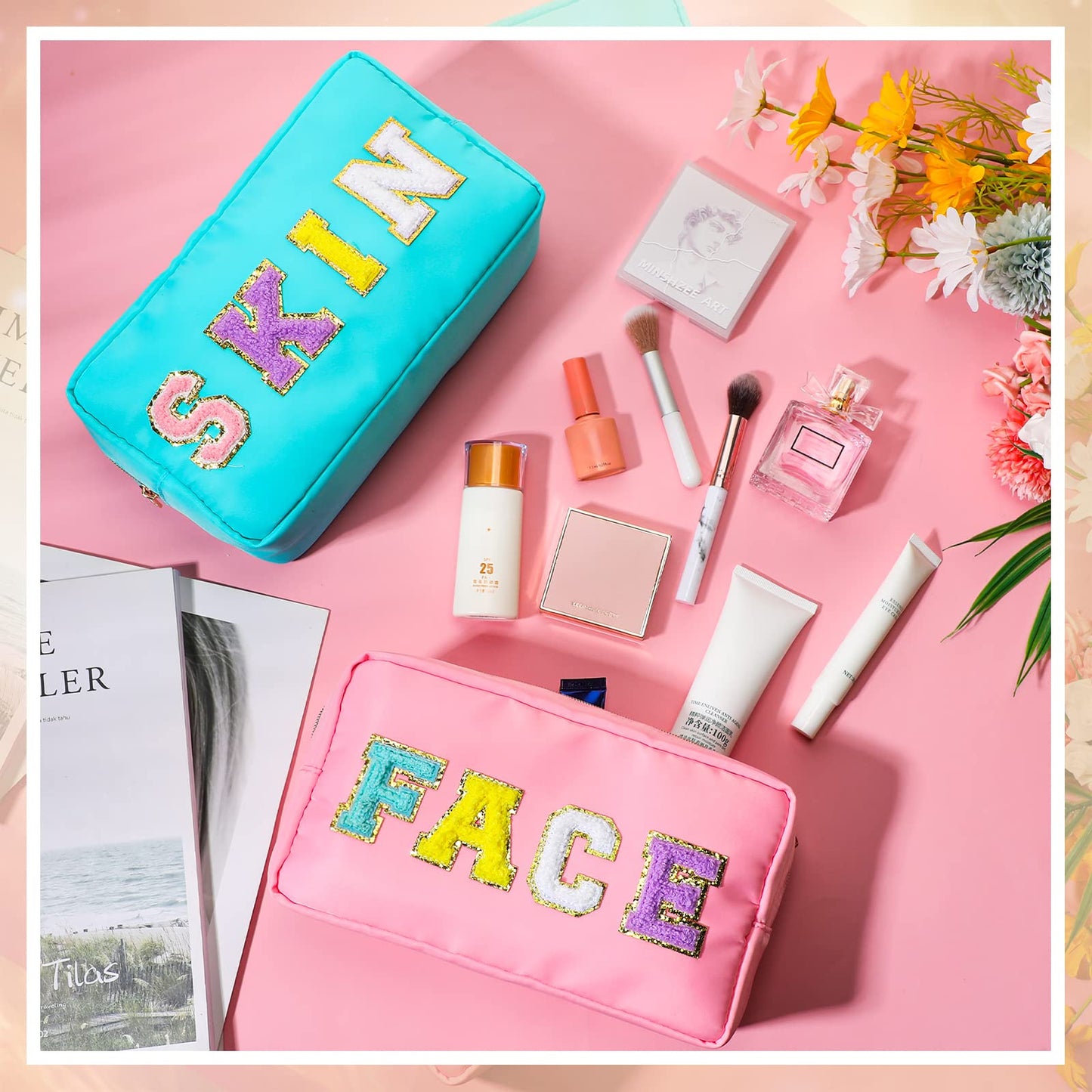 Remerry 4 Pcs Makeup Bag Travel Cosmetic Bag Organization Chenille Letter Toiletries Stuff Pouch Preppy Waterproof Bag Gift for Women Girl Teen (Colorful,Face Skin Hair Stuff)