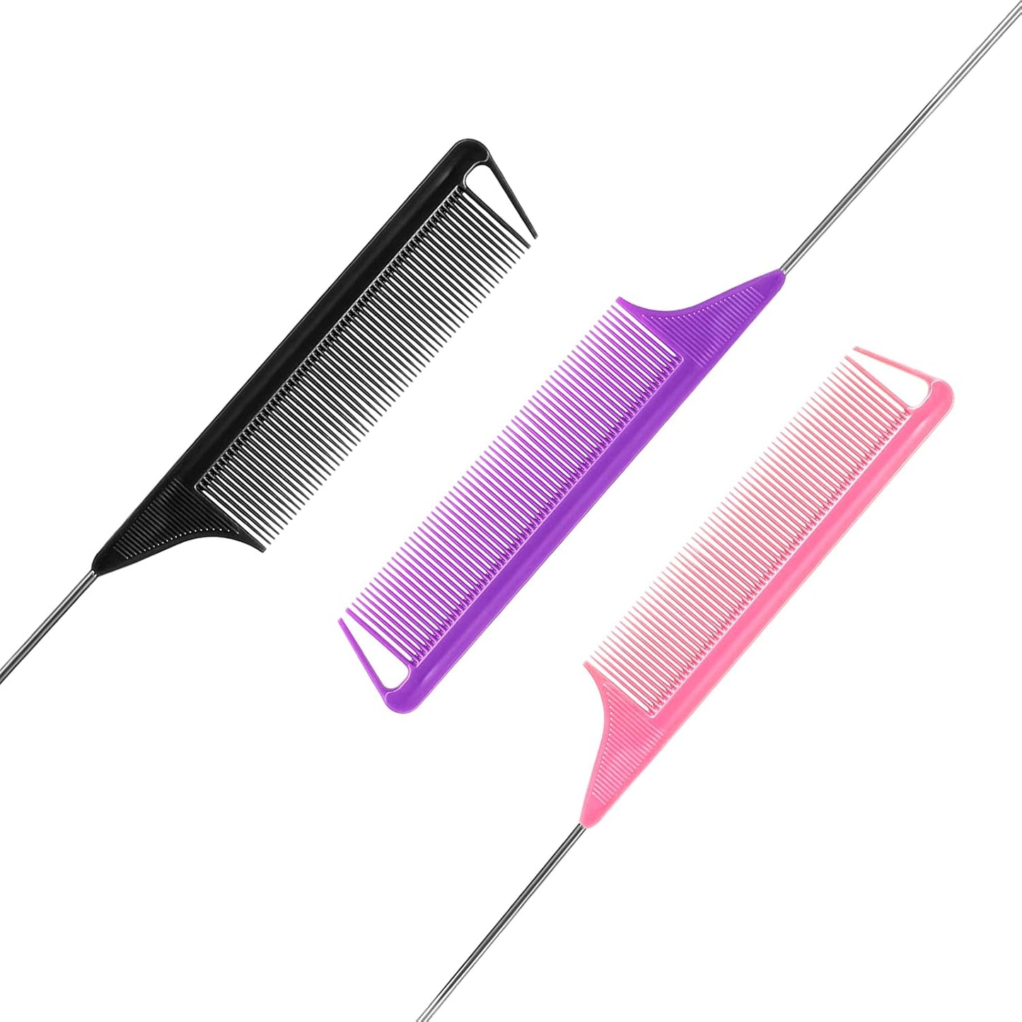 Rat Tail Combs Set: 3-Pack Teasing Styling Combs with Long Steel Pins for Women, Parting Combs for All Hair Types (Black)