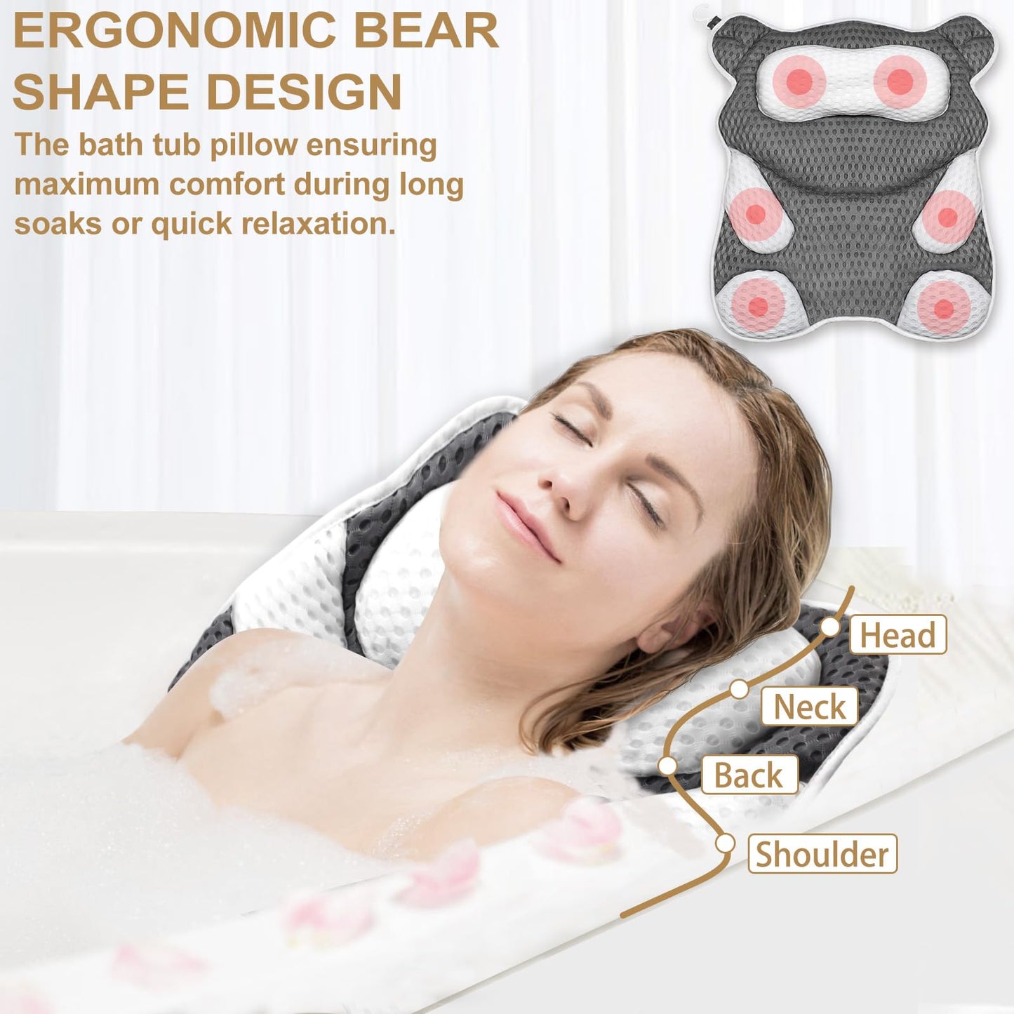 ZYIDBNG Ergonomic Bear Shape Bath Pillow for Head and Neck, SPA Gift for Women, Machine Washable Bathtub Pillow 4D Air-Mesh with 8 Suction Cups Gray