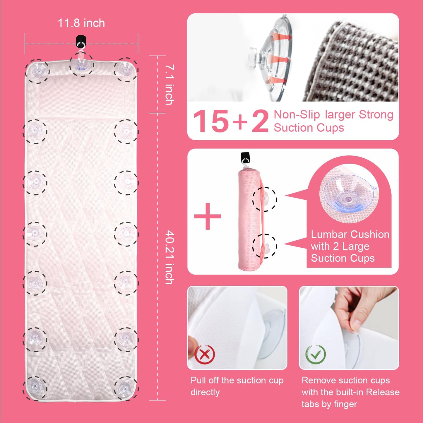 Full Body Bath Pillow Bathtub Pillows-Removable Lumbar Cushion with 17 Non-Slip Suction Cups 4D Air Mesh Fit Any Tub Luxury Bathroom Accessories-Pink