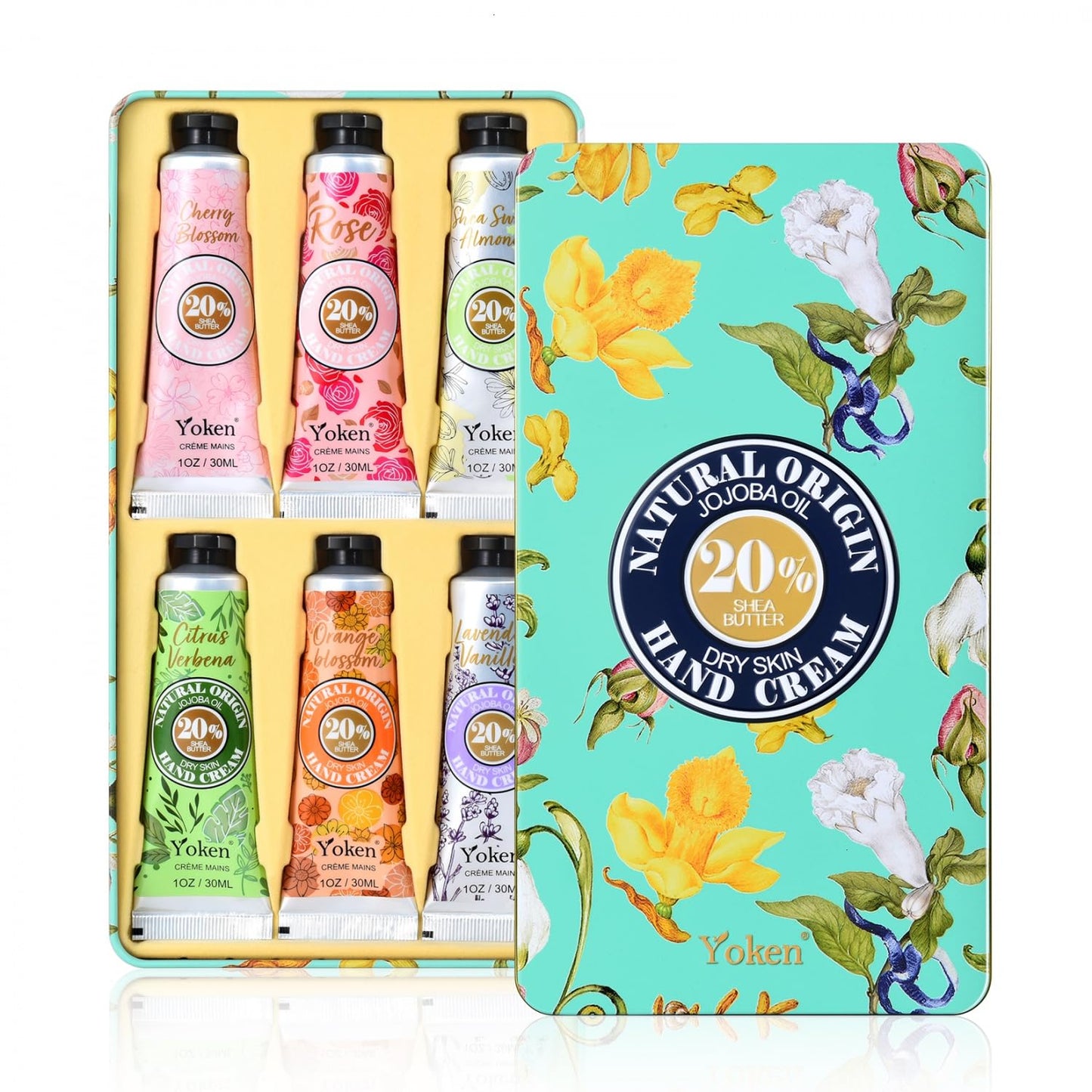 Yoken 20% Shea Butter Hand Cream Gift Set - Nourishing Moisturizing Creams for Dry Hands | 6-Piece Tin Set (Almond, Citrus Verbena & Floral, 6 x 1 OZ)