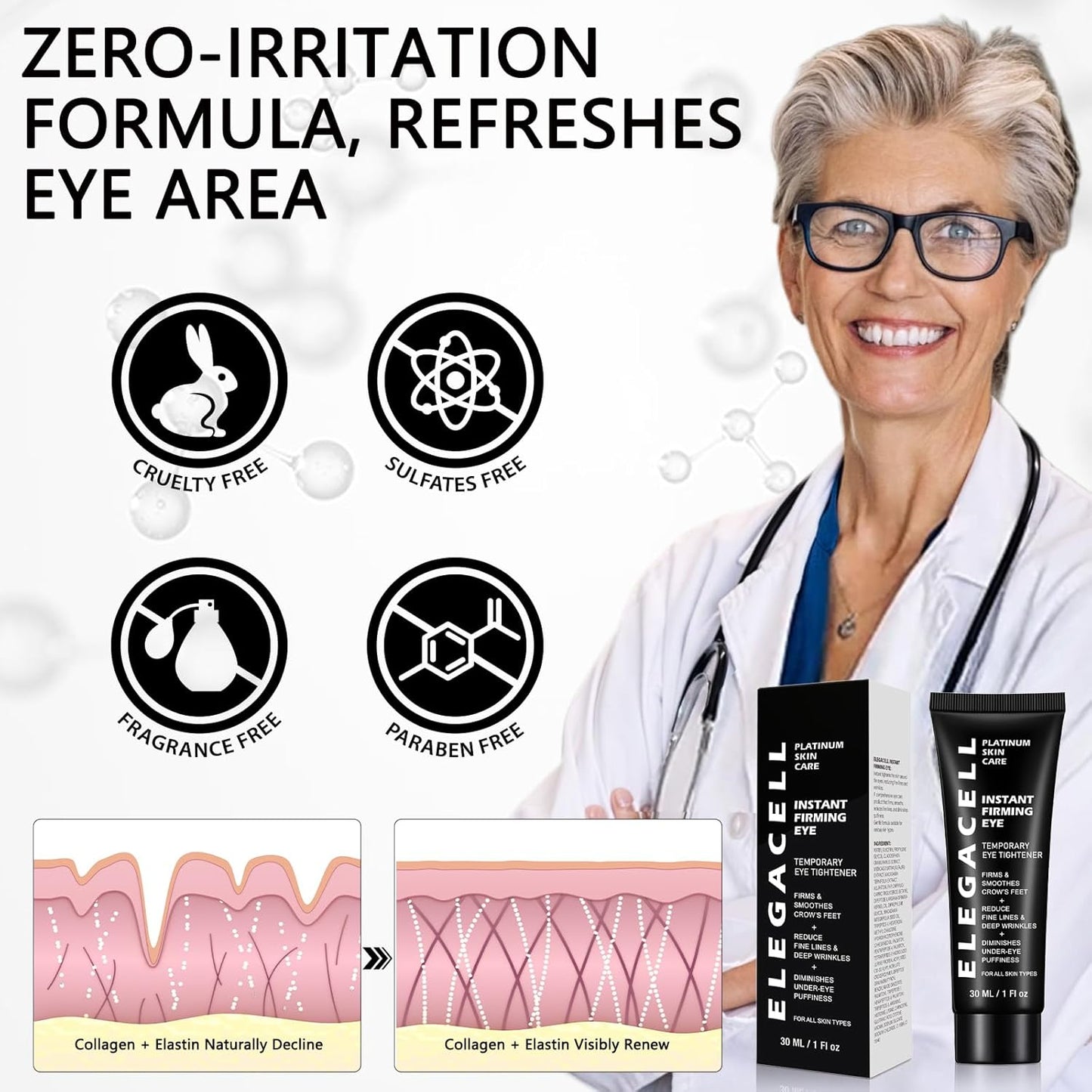 Skiennix Instant Eye Tightener Cream - Reduces Puffiness & Wrinkles, Lightweight Formula, 1 Fl oz / 30ml