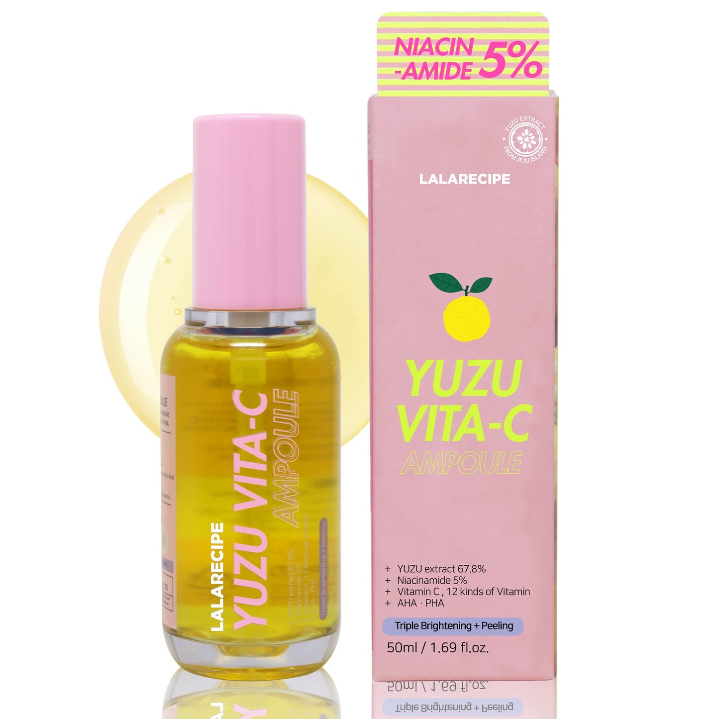 LALARECIPE Yuzu Vita C Facial Ampoule | Hydrating & Brightening Korean Glow Ampoule with Niacinamide and Vitamin C | Dark Spot Care for Glowing Skin | Vegan Day & Night Face Ampoule (1.69 fl oz)