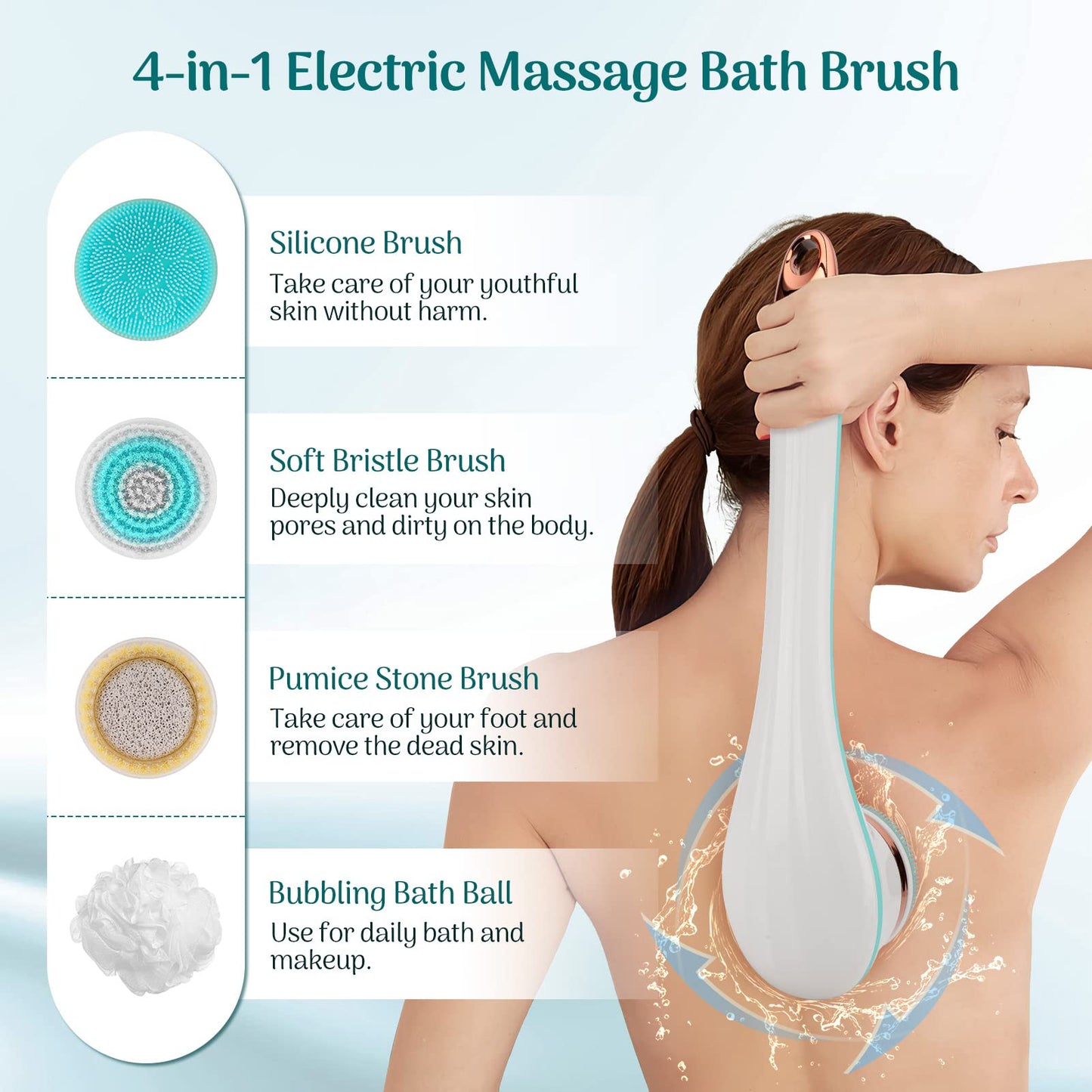 Color You Electric Body Brush for Exfoliating and Massage, Long Handle Electric Bath Brush Rechargeable Body Scrubber, Soft Silicone Spinning Skin Brush with 4 Spin Brush Heads for Man and Women