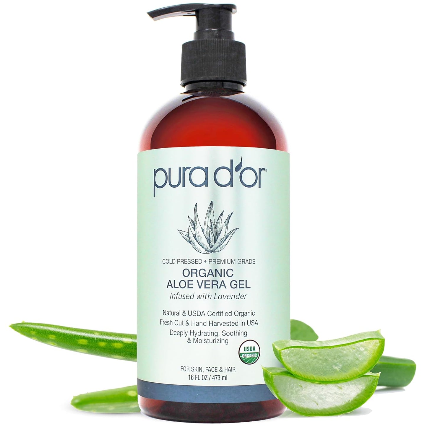 PURA D'OR ORGANIC Aloe Vera Gel Lavender (16 Oz X 3) All Natural - ZERO Artificial Preservatives - Deeply Hydrating & Moisturizing - Sunburn, Bug Bites, Rashes, Small Cuts, Eczema Relief - Skin & Hair