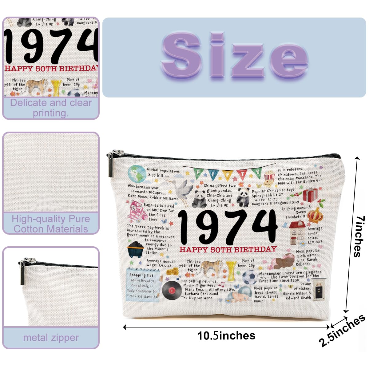 CVYW 50th Birthday Gifts for Her 1974 Makeup Bag 50 Year Old Gifts for Women Cosmetic Bag 50th Birthday Gift Ideas for Female Friend Sister Grandma Mom Retirement Birthday Travel Toiletry Bag
