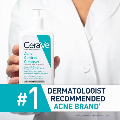 CeraVe Acne Control Cleanser, 2% Salicylic Acid Treatment Formulated With Niacinamide + Ceramides + Oil Absorbing Clay, Gentle Face Wash Helps Clear & Prevent Acne, Fragrance Free, 16 Ounce