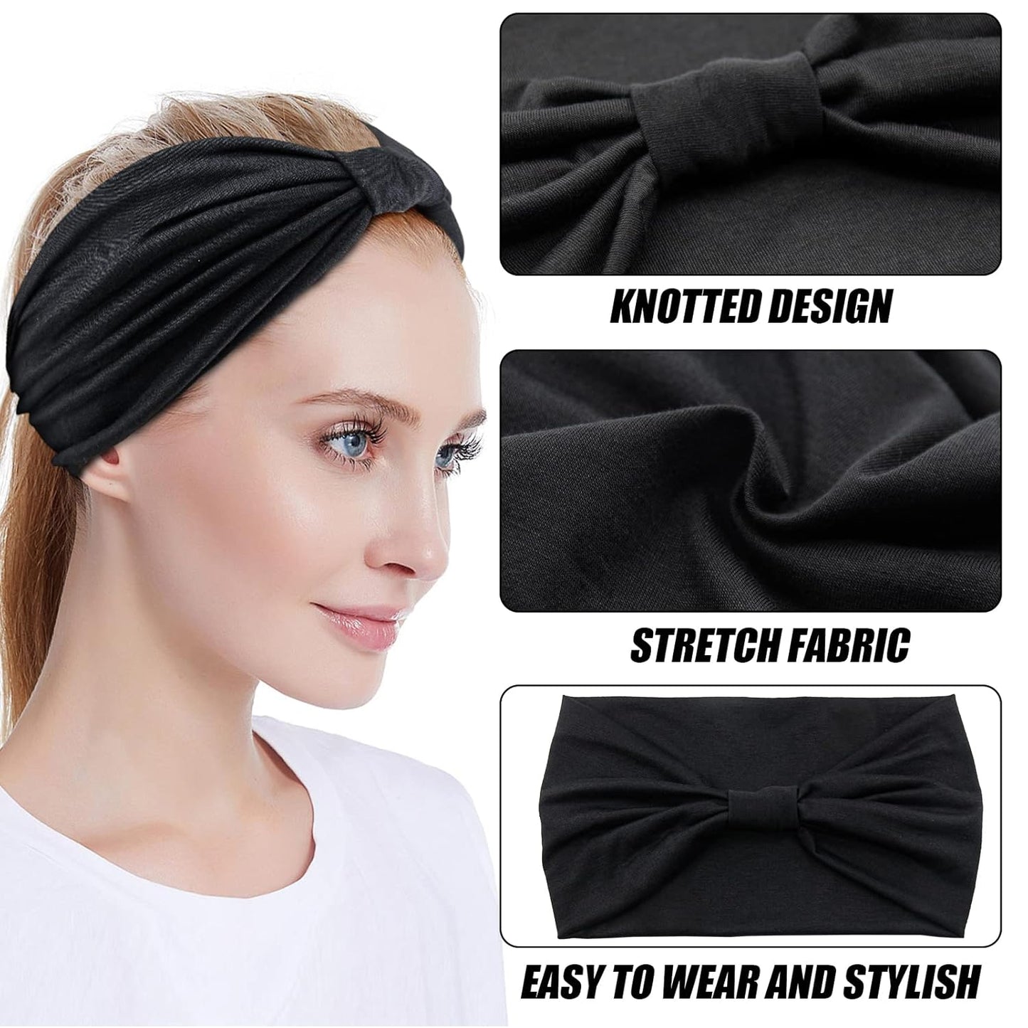Yeshan Women's Wide Boho Knotted Non-Slip Turban Headwraps - Stretchy Bandeau Hair Bands for Sports, Yoga, Workouts, Pack of 8