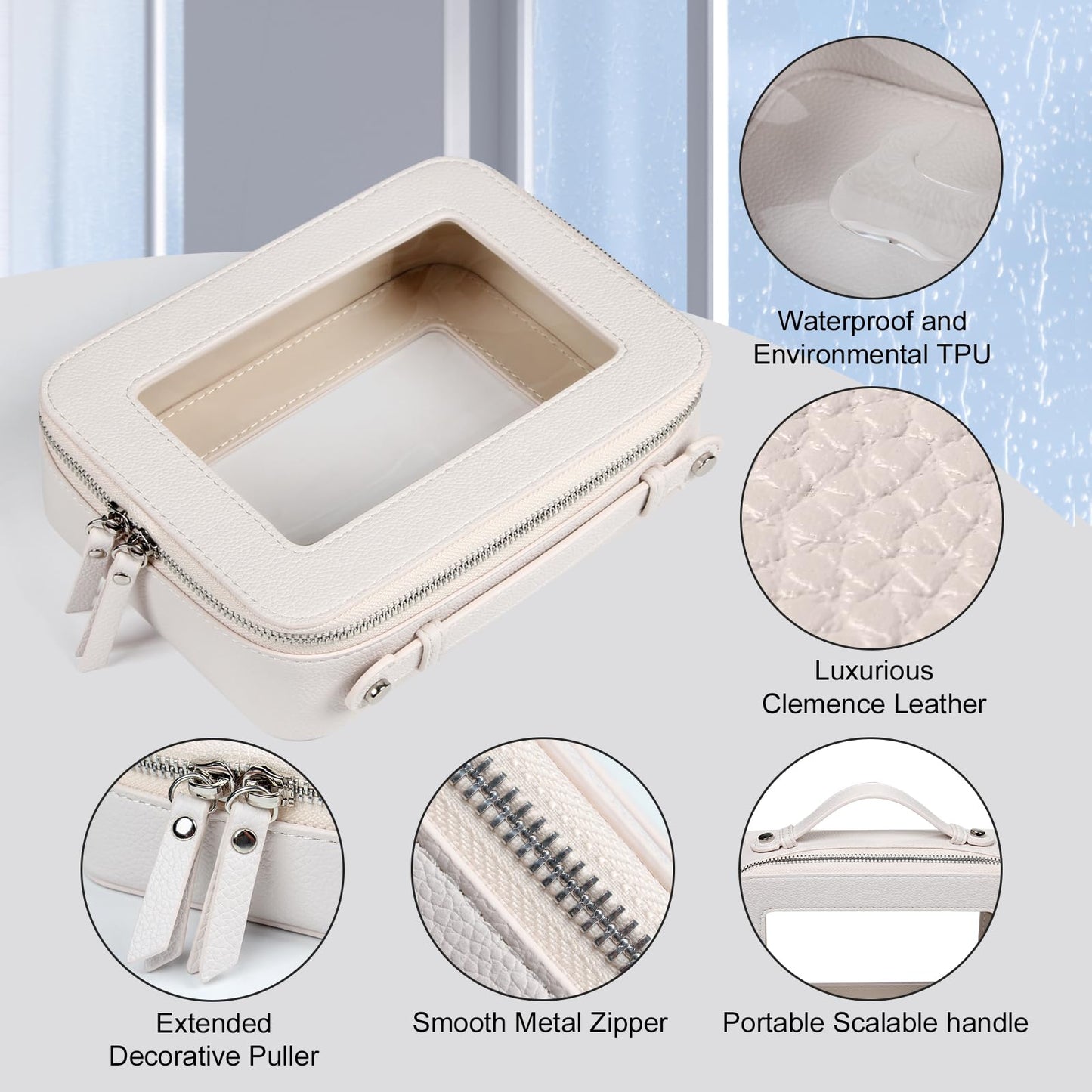 EcoVision Clear Makeup Bag, Travel Cosmetic Accessory Bag, Toiletry Organizer Bags for Women, Portable Waterproof Zipper Cosmetic Bag with Transparent Window, Beige