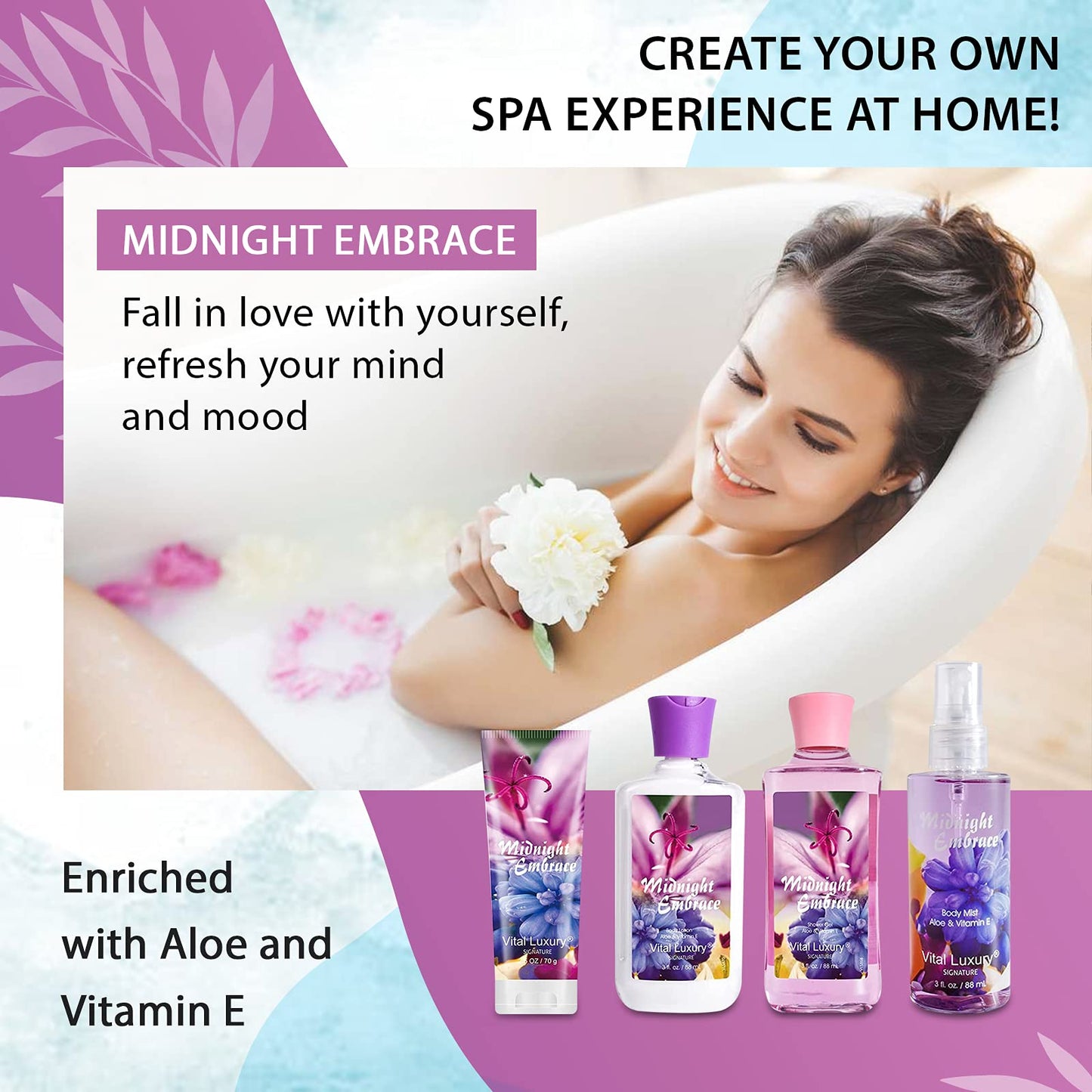 Vital Luxury Midnight Embrace Bath & Body Kit, 3 Fl Oz, Ideal Skincare Gift Home Spa Set, Includes Body Lotion, Shower Gel, Body Cream, and Fragrance Mist, Birthday Mother's Day Gifts