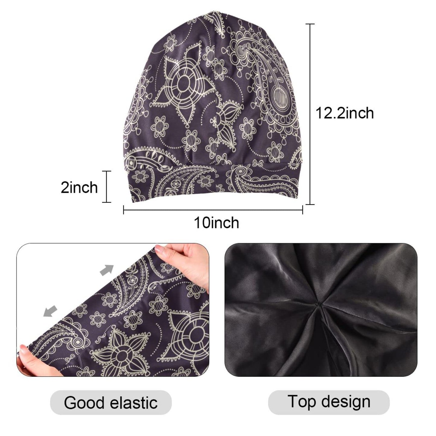 ElliTarr Satin Bonnet Lined Sleep Cap Hair Wrap Cover Slouchy Beanie for Curly Hair Protection for Gifts for Men Women Paisley