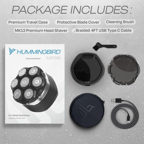 HUMMINGBIRD MK13 Premium Head Shaver - 7 Blade Cordless Electric Razor for Men | Waterproof & Rechargeable with Travel Case