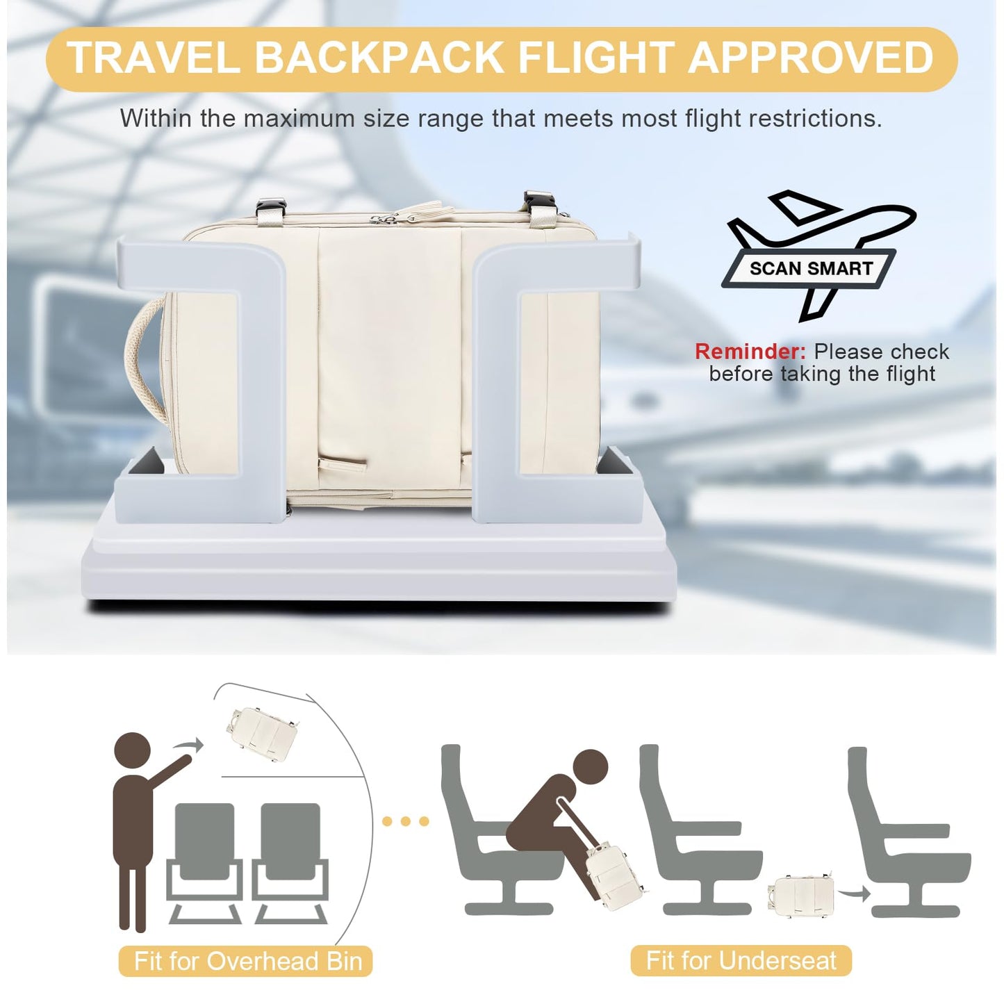 coofay Travel Backpack Carry on Flight Approved Mochila De Viaje Personal Item Backpack for Airlines Frontier Airlines Personal Item Bag Large Backpack for Travel Backpacks for Men Women Beige