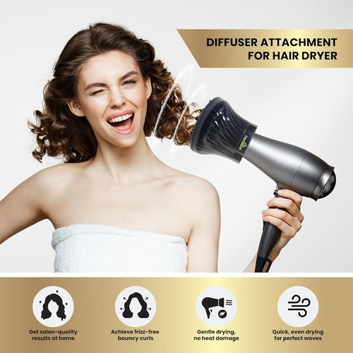 Herbishh Hair Dryer Diffuser - Universal Attachment for Curly & Wavy Hair, Reduces Frizz & Adds Volume, Adjustable 3.5 to 8 cm (Black)