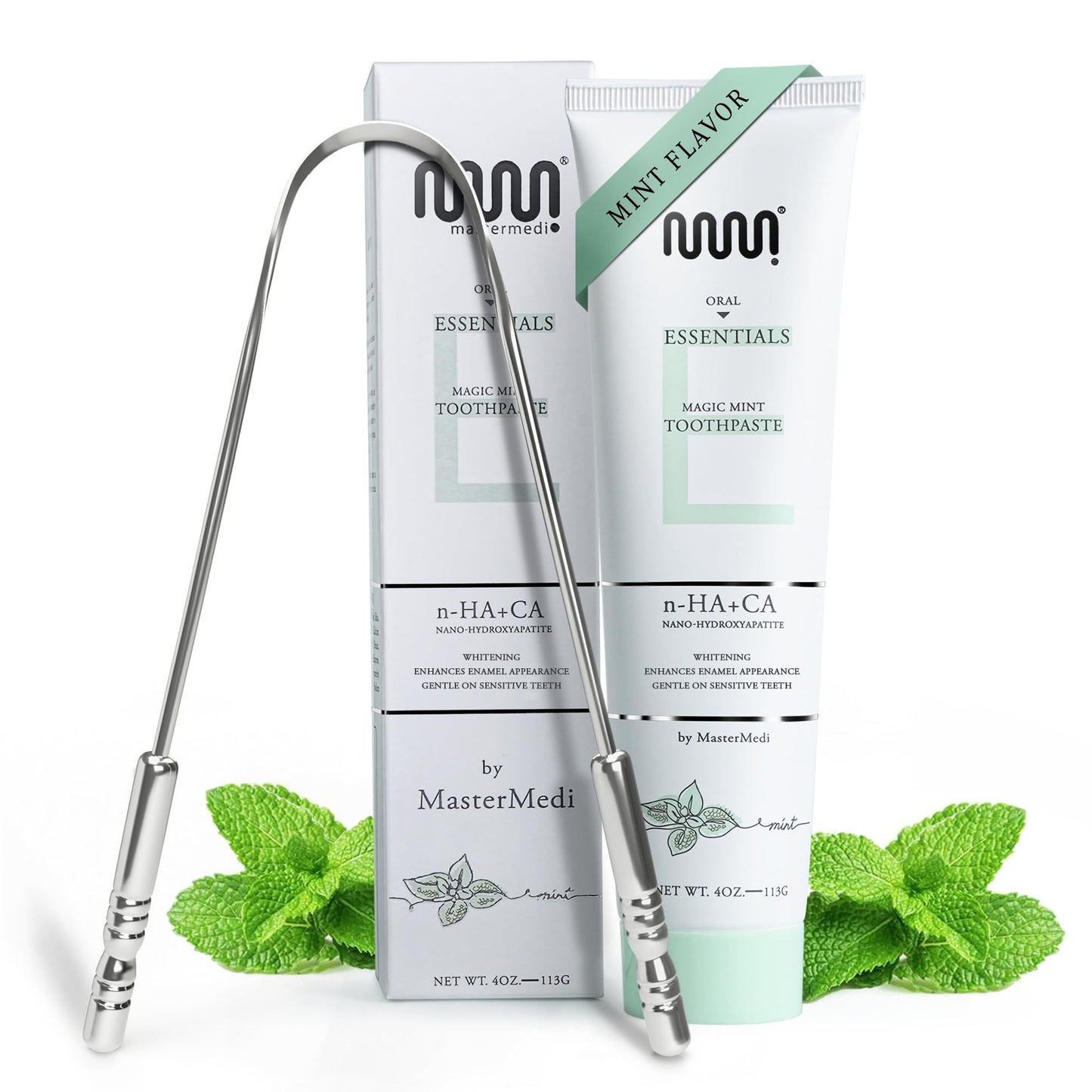 MasterMedi Fluoride Free Toothpaste, Nano Hydroxyapatite, SLS Free, Teeth Whitening, Remineralizing, Sensitive Teeth Relief, Natural Mint Flavor for Oral Care 4oz with Tongue Scraper (1 Pack)