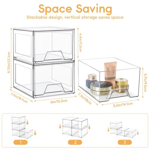 2 Pack Stackable Makeup Organizer, 4.4'' Tall Acrylic Bathroom Organizer and Storage Drawers, Clear Plastic Drawer Storage Bins For Vanity, Undersink, Cabinets, Pantry