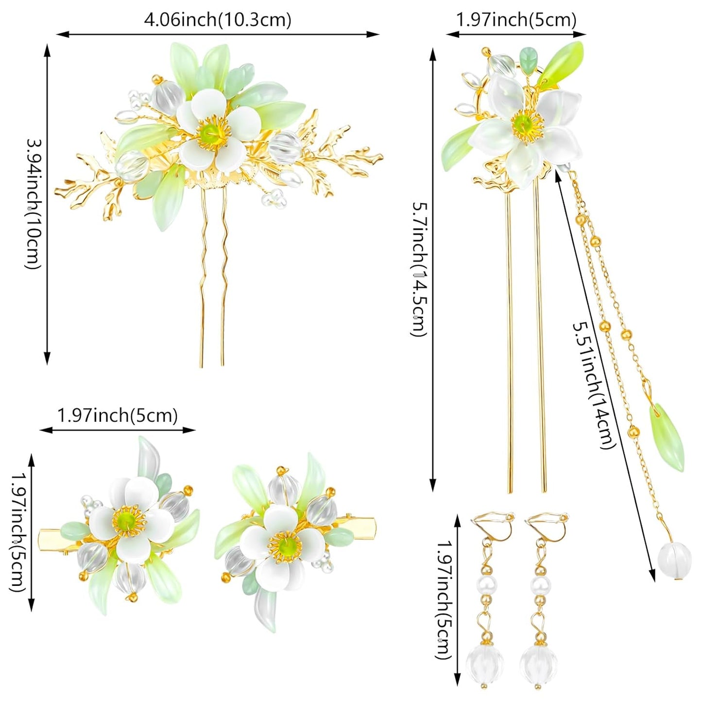 5 Pcs Flower Chinese Tassel Hair Stick Crystal Pearl Hanfu Hair Pins Classical Floral Bride Wedding Accessories for Women