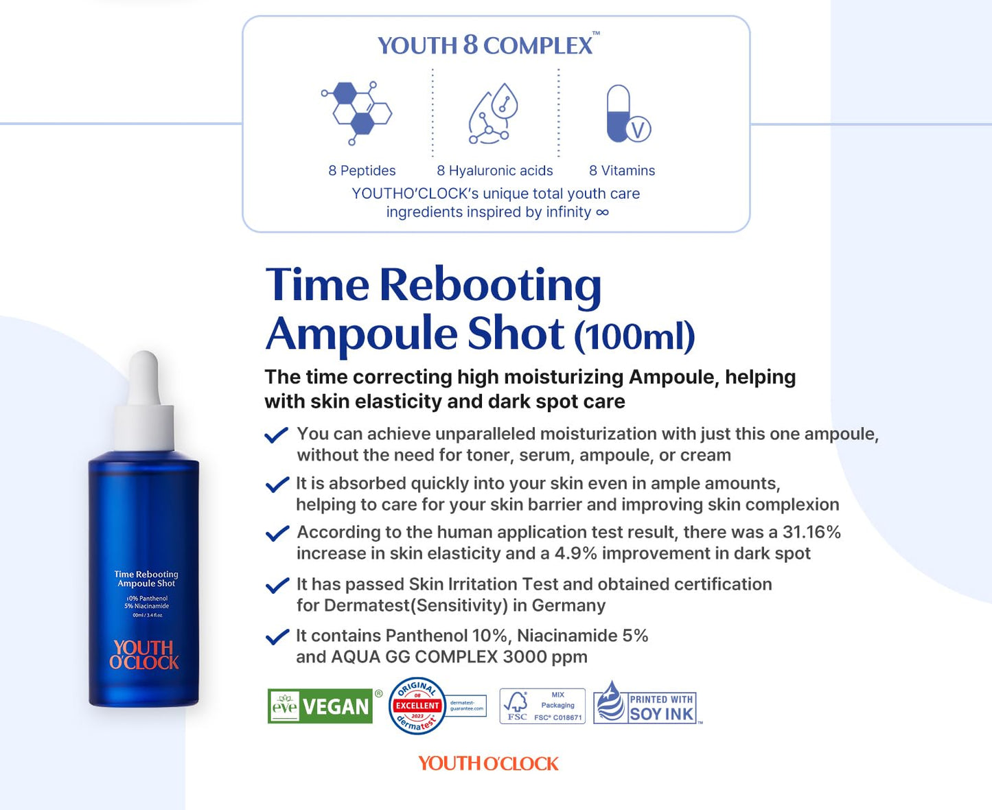 YOUTH O'CLOCK Time Rebooting Ampoule Shot (3.4 fl. oz. 100ml) Niacinamide 5%+Panthenol 10%