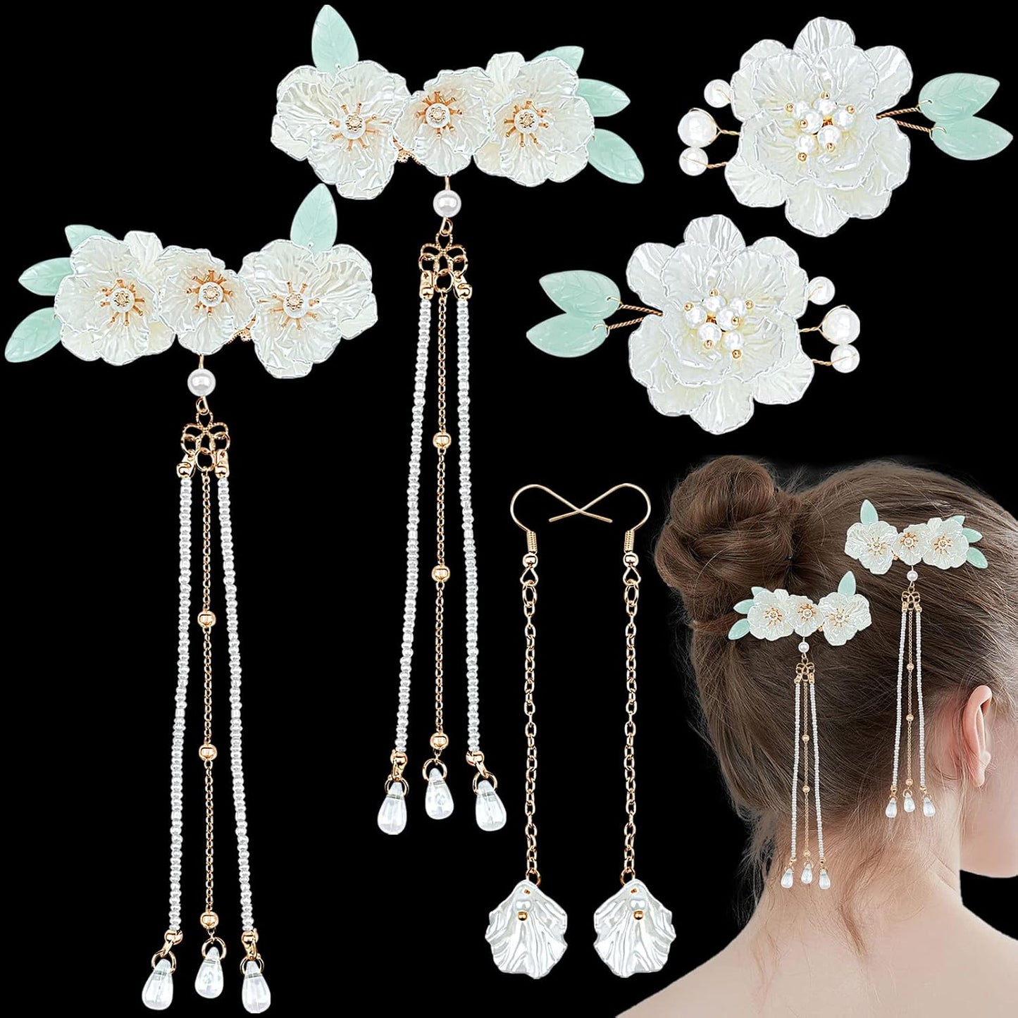 5 Pcs Flower Chinese Tassel Hair Stick Crystal Pearl Hanfu Hair Pins Classical Floral Bride Wedding Accessories for Women