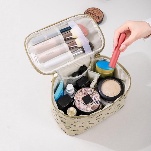 AmBealla Make up Bag Travel Cosmetic Bags Brush Holder Zipper Pouch Case Organizer Cute Organizer Suitable for Purse for Women (Beige Bucket Bag)