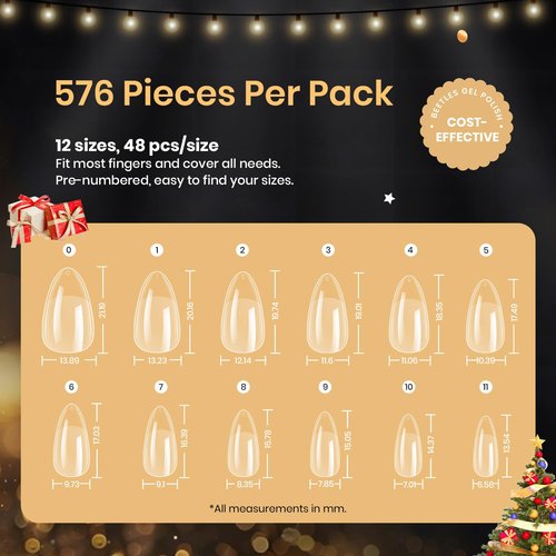 Beetles Gel Nail Tips 576Pcs Pre-shape Short Almond Etch-X Nail Tips,12 Sizes Soft Acrylic False Nail Tips Half Matte Full Cover Easy DIY Press On Nail Extensions Art Salon Gift Set for Women