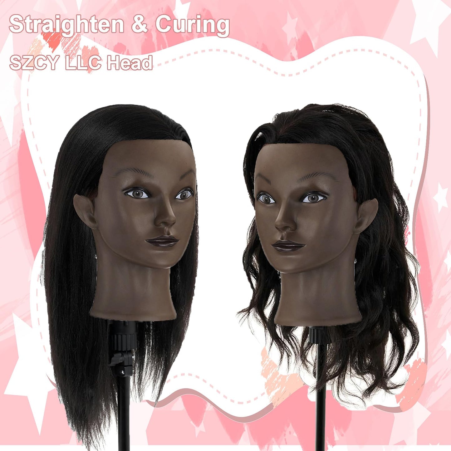 18'' Mannequin Head with Human Hair Cosmetology Manikin Doll Head with 100% Real Human Hair for Braiding Hairdresser Practice Styling with Free Table Clamp Stand