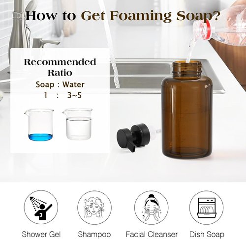 Luxspire Foaming Soap Dispenser - 15 Oz Glass Pump Bottle with 5 Waterproof Labels | Amber, 2 Pack for Kitchen & Bathroom