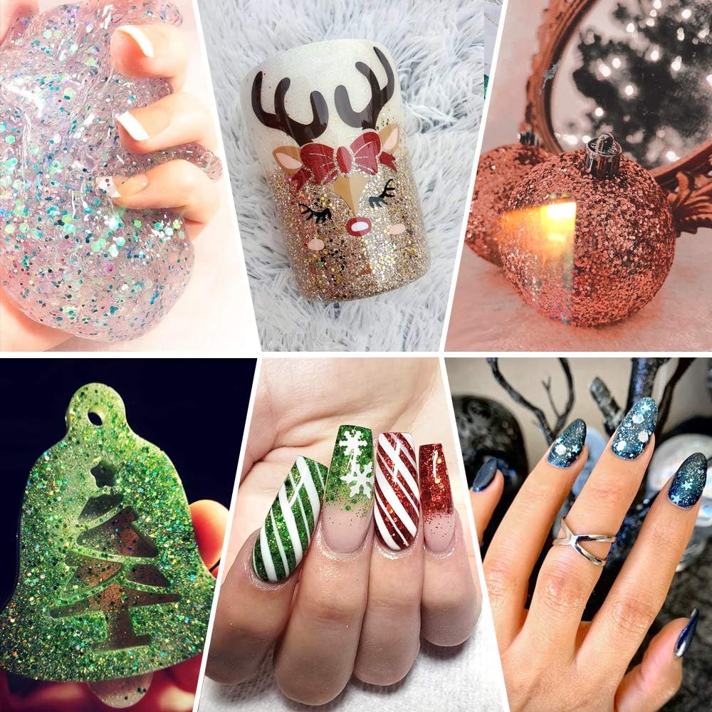 Holographic Chunky Glitter Sequins, 12 Colors Mixed Cosmetic Glitter for Face Body Eye Hair Nail Art Lip Gloss Makeup, Festival Glitter with Different Hexagons Size and Stars (Laser Mix)