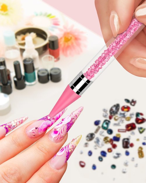 Rhinestone Picker Tool Set,Rhinestone Applicator Tool,Rhinestone Picker Dotting With 4 Extra Pink Replaceable Wax Head and 2 Tweezer (Pink A)