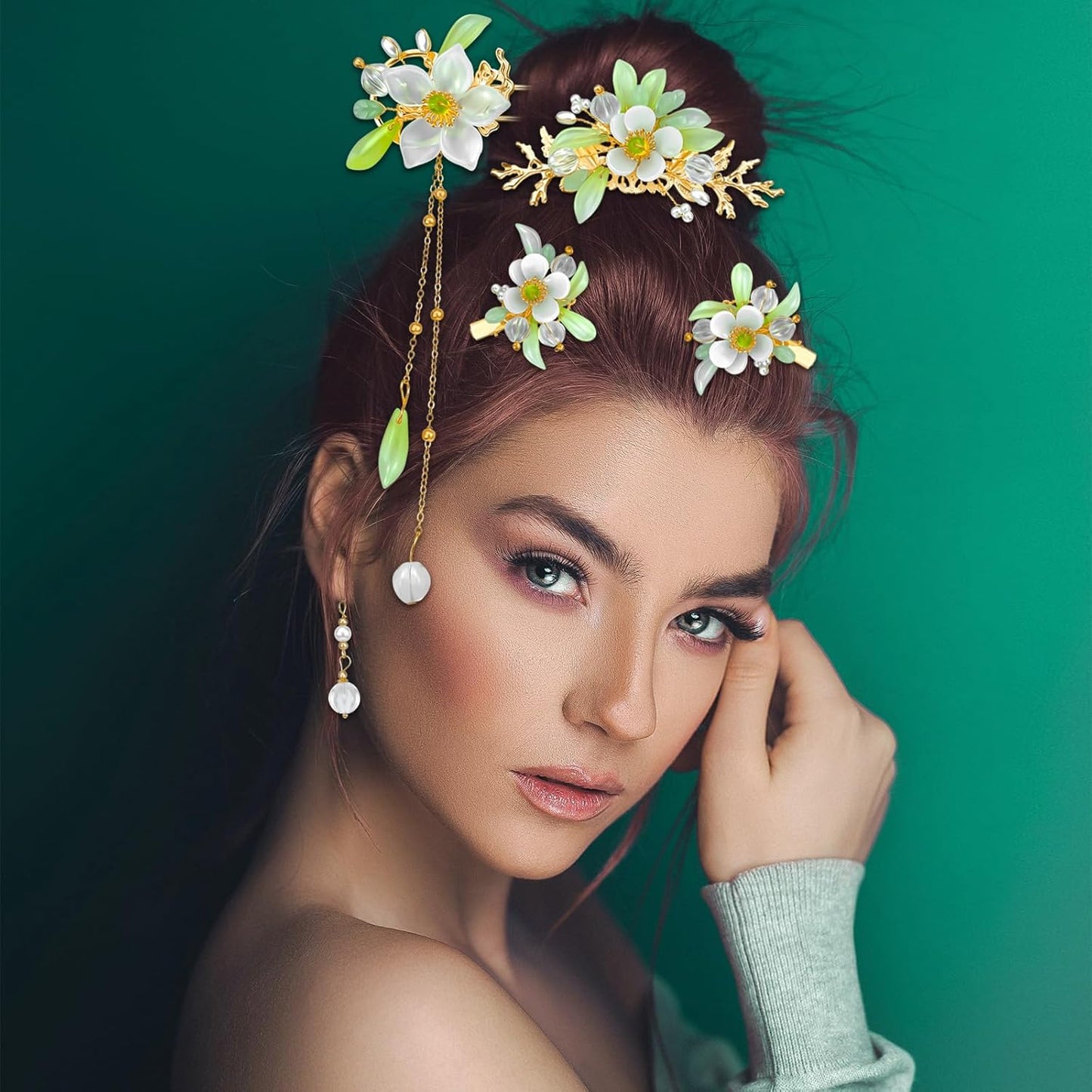 5 Pcs Flower Chinese Tassel Hair Stick Crystal Pearl Hanfu Hair Pins Classical Floral Bride Wedding Accessories for Women