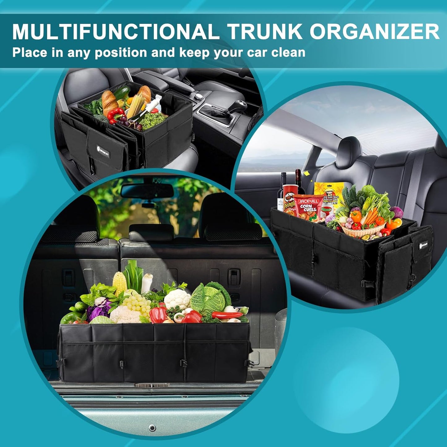 Sposuit Extra Large Trunk Organizer - 98L Collapsible Car Storage with Removable Dividers & Adjustable Straps