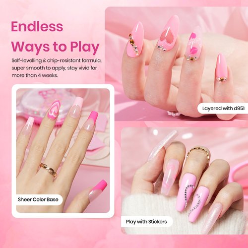Beetles Pink Gel Nail Polish Set - 6 Colors Hot Pink Glitter Bright Jelly Gel Polish Soak off Uv LED Cured Nail Art Design Salon Home DIY Manicure Spring Easter Gifts for Women