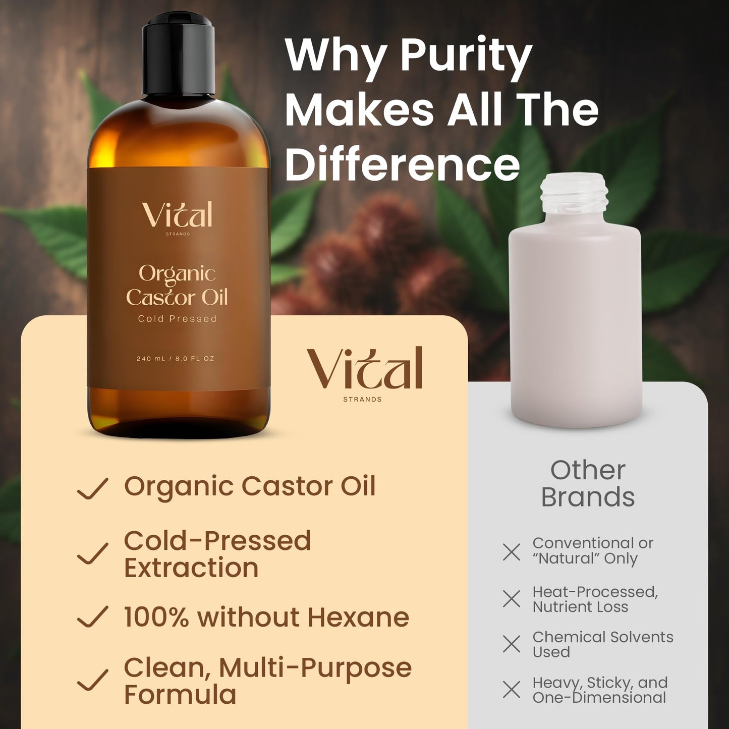 Vital Strands Castor Oil Organic & Cold Pressed – Nourishing Treatment for Hair & Skin – Eyelash & Brow Serum – Aceite de Ricino - Hexane Free, Vegan, 8oz