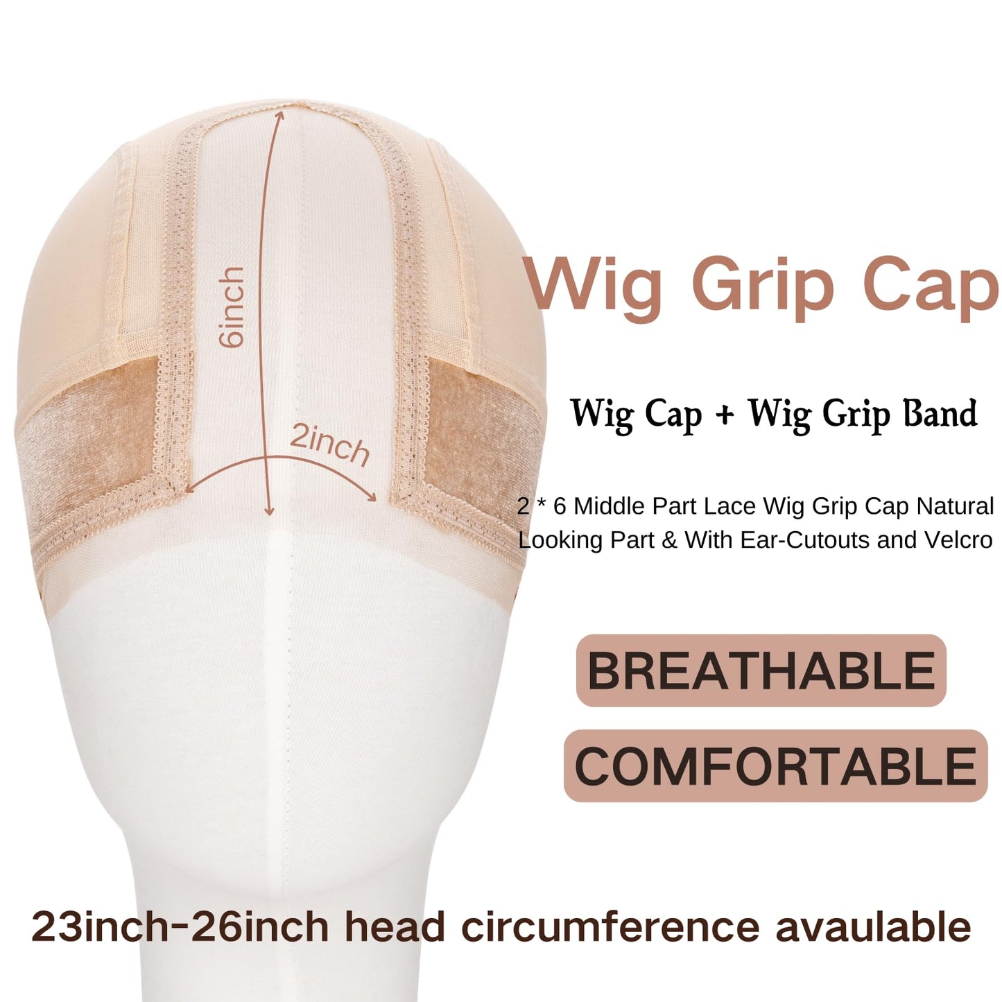 Women Lace Wig Grip Cap - 2x6 Middle Part Lace Area Adjustable Non-Slip Band With Velcro - Wig Gripper Around Lace Edge With Ear-Cutouts Comfortable Breathable No-Headache (LightBrown)